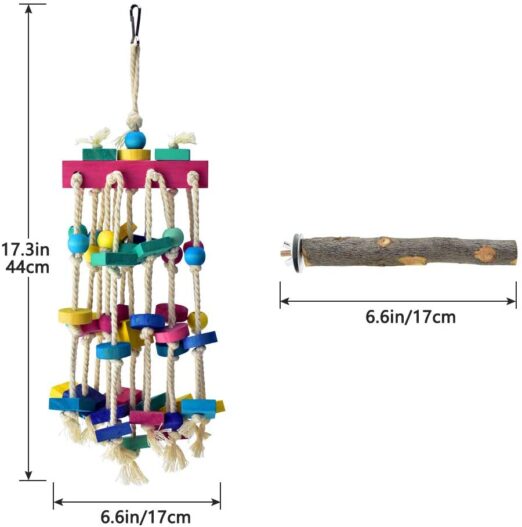 KATUMO Bird Chewing Toy with Bird Perch Nature Wood Stand, Parrot Cage Bite Toys Multicolored Wooden Blocks Bird Parrot Toys for Small and Medium Parrots and Birds