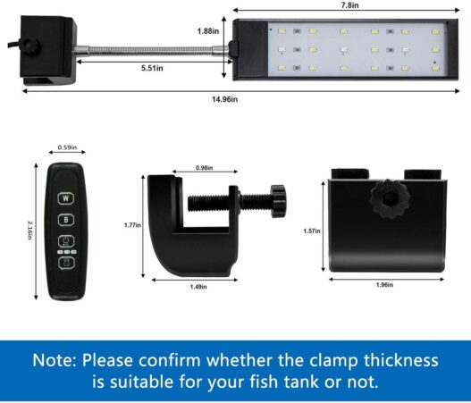 MingDak Fish Tank Clip on Light with Inline Timer, Clamp Aquarium Light with White & Blue LEDs, 3 Lighting Modes, Dimmable, 7W, 18 LEDs
