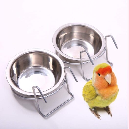 QBLEEV Birdcage Bird Feeder Birds Bowls for Cage Parakeet Food Dish Parrot Feeders Water Bowls Stainless Steel Dishes Coop Cups with Wire Hook for Small Animals Finches Lovebirds[1 Pack]