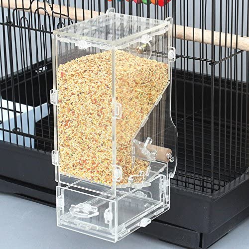 Mrli Pet No Mess Bird Feeder Parrot Integrated Automatic Feeder with Perch Cage Accessories for Budgerigar Canary Cockatiel Finch Parakeet Seed Food Container