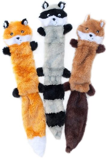 ZippyPaws - Skinny Peltz No Stuffing Squeaky Plush Dog Toy, Fox, Raccoon, and Squirrel - Large