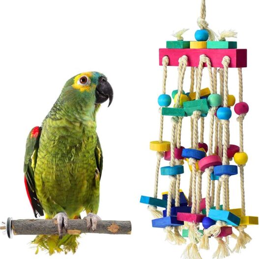 KATUMO Bird Chewing Toy with Bird Perch Nature Wood Stand, Parrot Cage Bite Toys Multicolored Wooden Blocks Bird Parrot Toys for Small and Medium Parrots and Birds