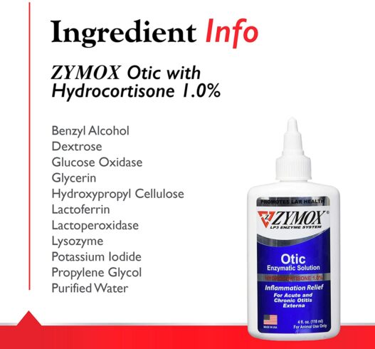 Zymox Otic Enzymatic Solution for Dogs and Cats to Soothe Ear Infections with 1% Hydrocortisone for Itch Relief, 4oz